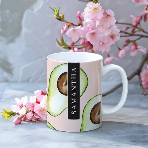 Modern  Pink And Green Avocado Pattern With Name Two_Tone Coffee Mug