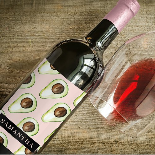 Modern  Pink And Green Avocado Pattern With Name Wine Label