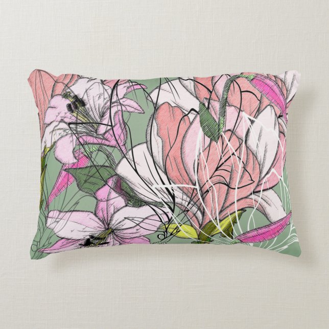 Modern Pink And Green Botanical Pattern Accent Pillow (Front)