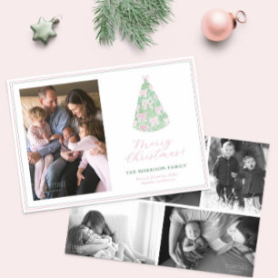 Modern Pink And Green Bows Merry Christmas Photo Holiday Card