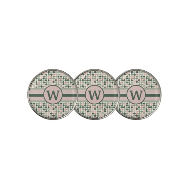 Modern Pink and Green Dot Pattern Monogram Golf Ball Marker (3 Up)