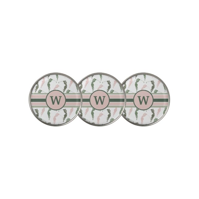 Modern Pink and Green Lady Golfer Pattern Golf Ball Marker (3 Up)