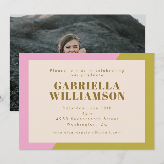 Modern Pink and Green Photo Graduation Party  Invitation (Front/Back)
