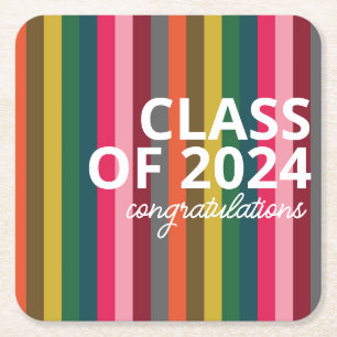 Modern Pink and Green Stripe Pattern Square Paper Coaster