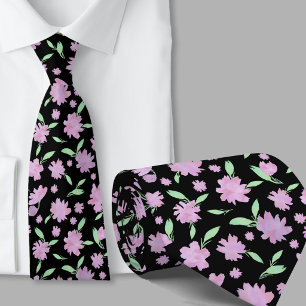 Modern pink and green watercolor flowers neck tie
