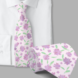 Modern pink and green watercolor flowers neck tie