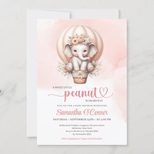 Modern pink and grey baby elephant blush floral invitation