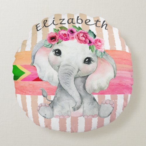 Modern Pink and Grey Elephant Custom Monogram Round Pillow