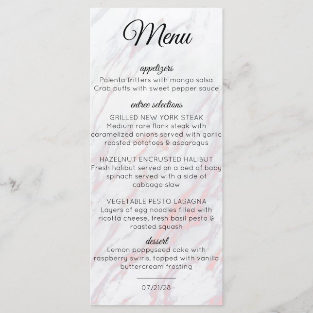 Modern Pink and Grey Marble Menu (Front)