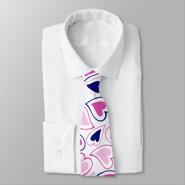 Modern Pink and Navy Blue Hearts Pattern Neck Tie (Tied)