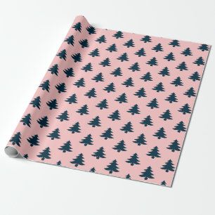 Modern Pink And Navy Blue Pattern Christmas Trees Wrapping Paper
