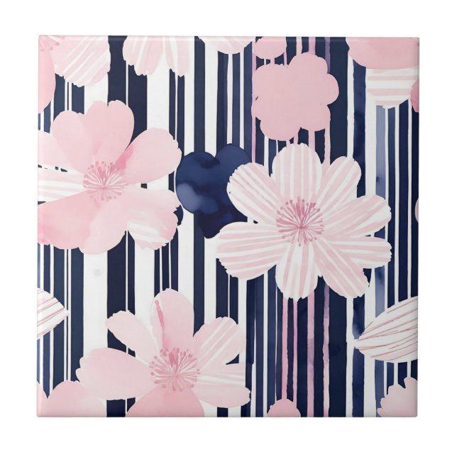 Modern Pink and Navy Floral Stripes Ceramic Tile (Front)