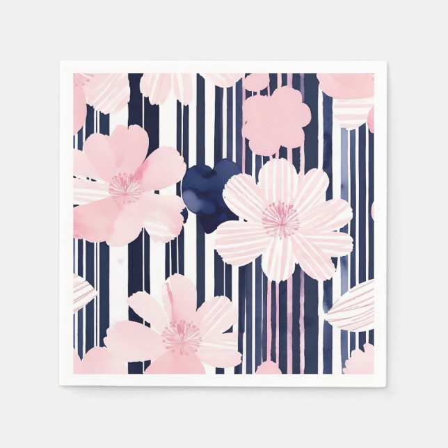 Modern Pink and Navy Floral Stripes Napkins (Front)