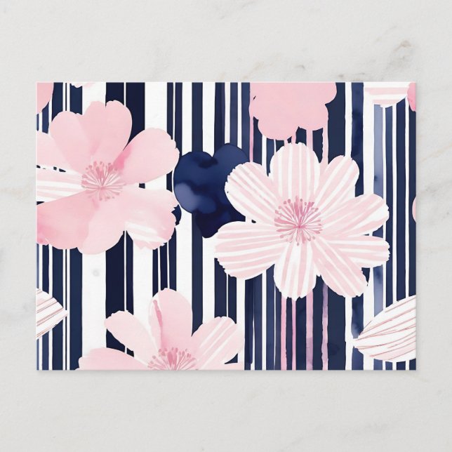 Modern Pink and Navy Floral Stripes Postcard (Front)