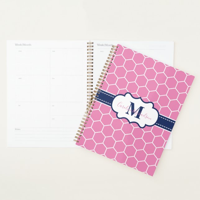 Modern Pink and Navy Monogram Geometric Pattern  Planner (Display)