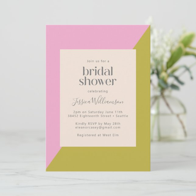 Modern Pink and Olive Geometric Bridal Shower Invitation (Standing Front)