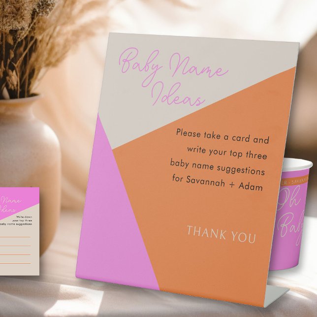 Modern Pink and Orange Baby Name Shower Activity Pedestal Sign (Baby Shower Activity table sign for Baby Name Suggestions from my Tricolor Baby Shower Collection)