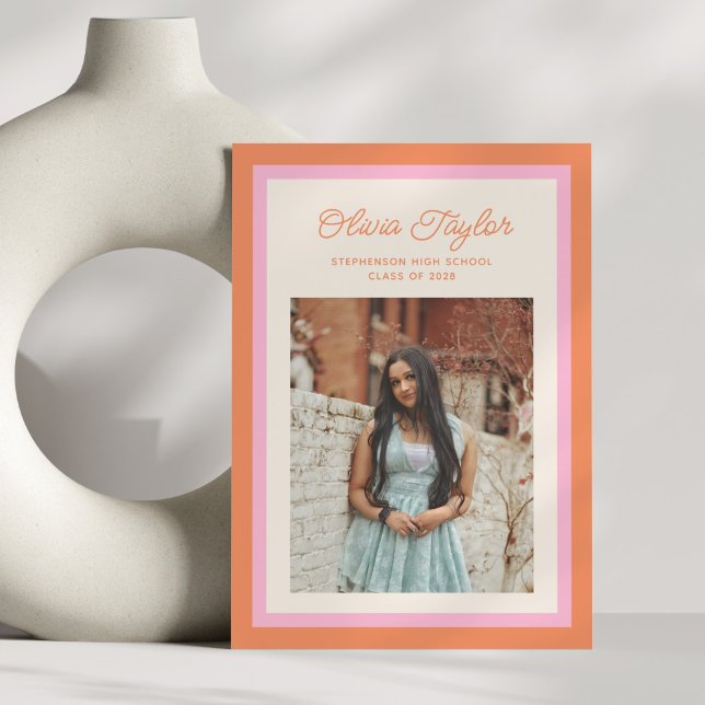 Modern Pink and Orange Border Photo Graduation Announcement (Creator Uploaded)