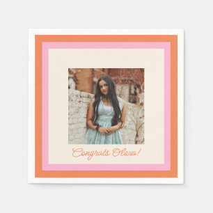 Modern Pink and Orange Border Photo Graduation Napkins