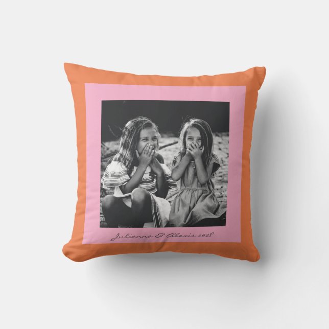 Modern Pink and Orange Family Custom Photo Throw Pillow (Front)
