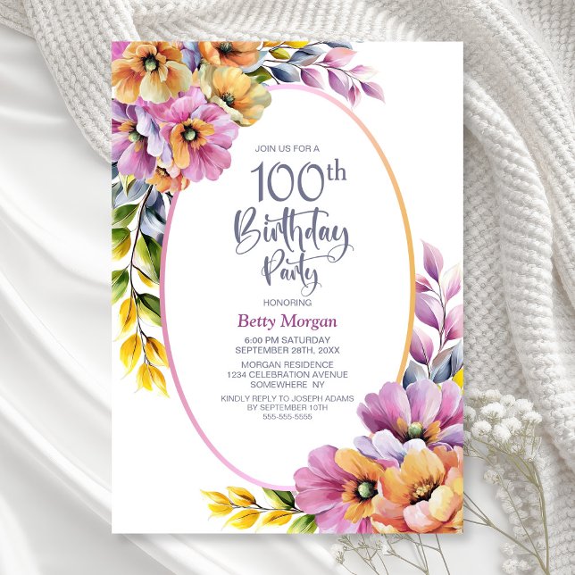 Modern Pink and Orange Floral 100th Birthday Party Invitation (Creator Uploaded)