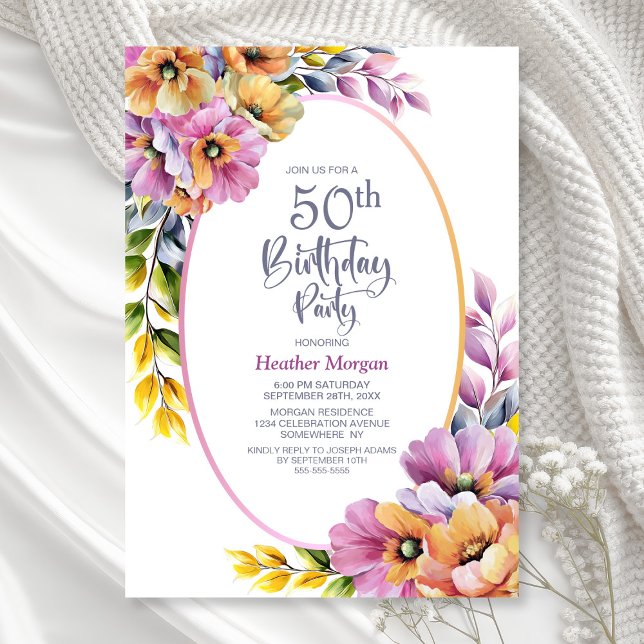 Modern Pink and Orange Floral 50th Birthday Party Invitation (Creator Uploaded)