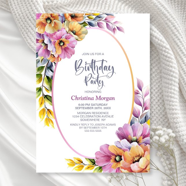 Modern Pink and Orange Floral Any Age Birthday Invitation (Creator Uploaded)