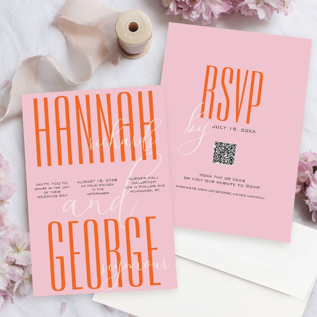 Modern Pink and Orange Typography QR Code Wedding Invitation (Modern Bold Pink and Orange Colorful Typography unique all-in-one QR code rsvp wedding invitation)
