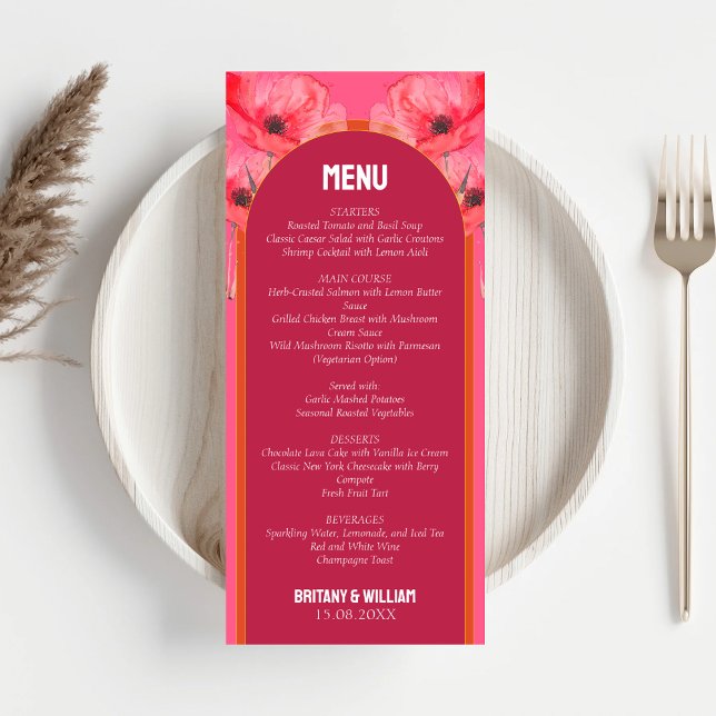Modern Pink and Orange Vibrant Floral Wedding  Menu (Creator Uploaded)