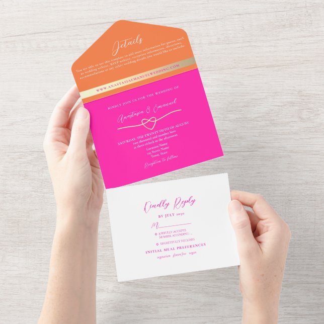 Modern Pink and Orange Wedding All In One Invitation (Tearaway)