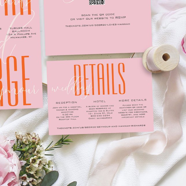 Modern Pink and Orange Wedding Invitation Details (Modern unique bold pink and orange typography simple colorful wedding invitation custom details card)