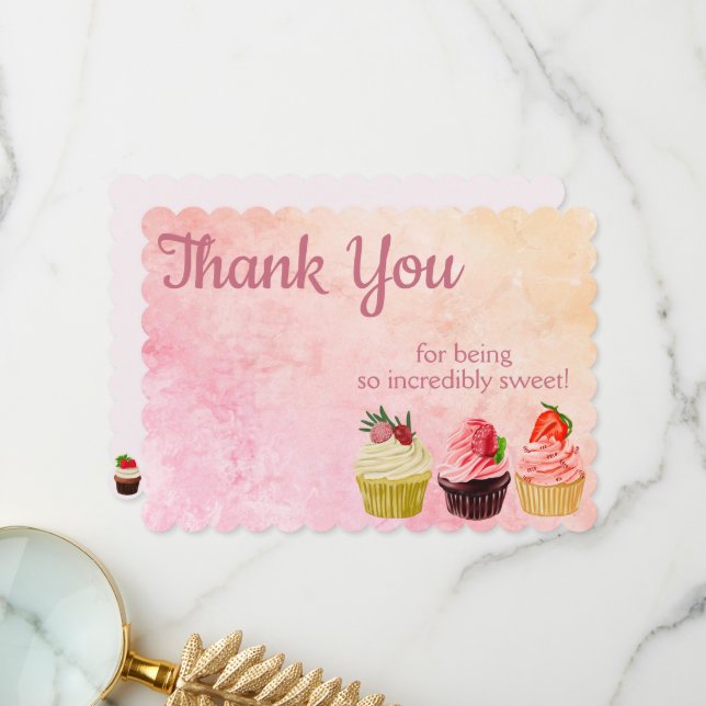 Modern Pink and Peach Batik - Gourmet Cupcakes Thank You Card (Front/Back In Situ)
