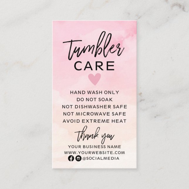 Modern Pink and Peach Tumbler Care Instructions Business Card (Front)