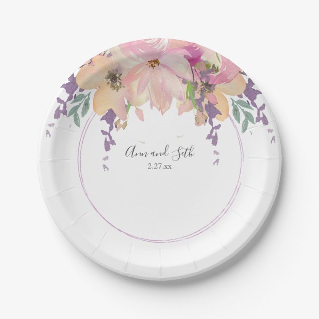 Modern Pink and Purple Bouquet Floral Wedding Paper Plates (Front)
