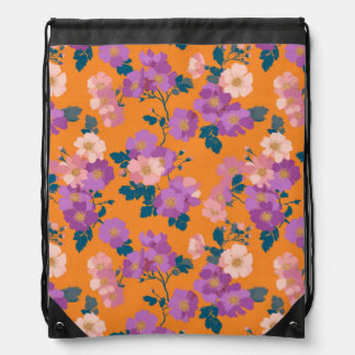 Modern Pink and Purple Floral on Orange  Drawstring Bag
