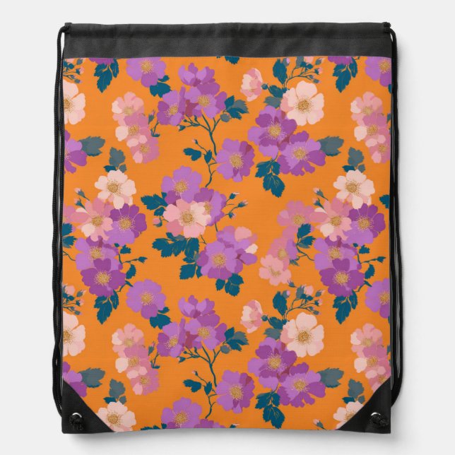Modern Pink and Purple Floral on Orange  Drawstring Bag (Front)