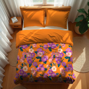 Modern Pink and Purple Floral on Orange Duvet Cover