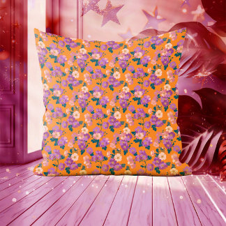 Modern Pink and Purple Floral on Orange  Throw Pillow
