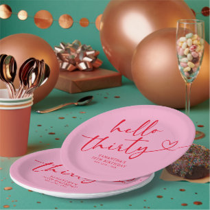 Modern Pink and Red Hello 30th Birthday Paper Plates