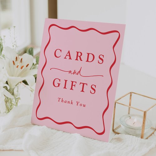 Modern Pink and Red Wavy Frame Cards and Gifts Pedestal Sign