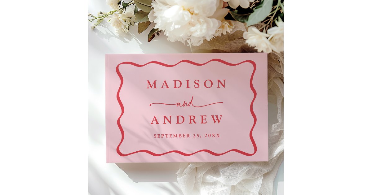 Modern Pink and Red Wavy Frame Photo Wedding Guest Book | Zazzle
