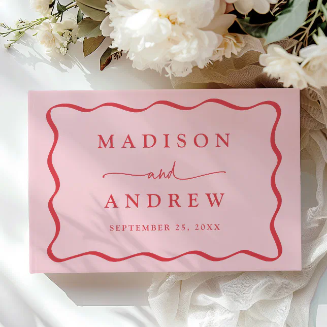 Modern Pink and Red Wavy Frame Photo Wedding Guest Book | Zazzle