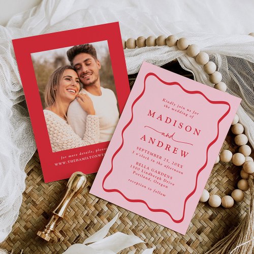Modern Pink and Red Wavy Frame Photo Wedding Invitation