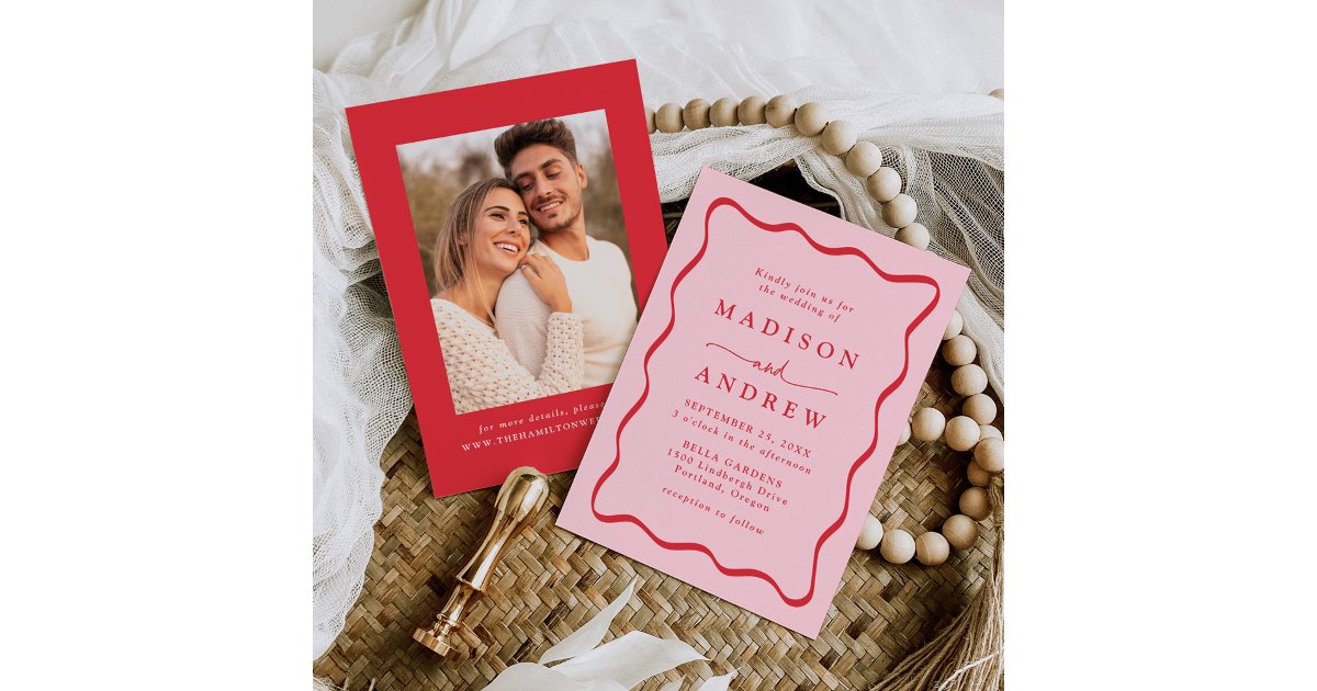 Modern Pink and Red Wavy Frame Photo Wedding Invitation | Zazzle