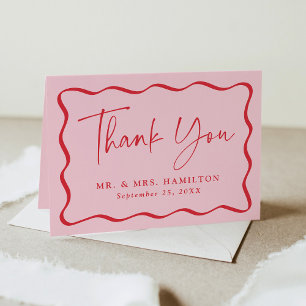 Modern Pink and Red Wavy Frame Photo Wedding Letterpress Thank You Card