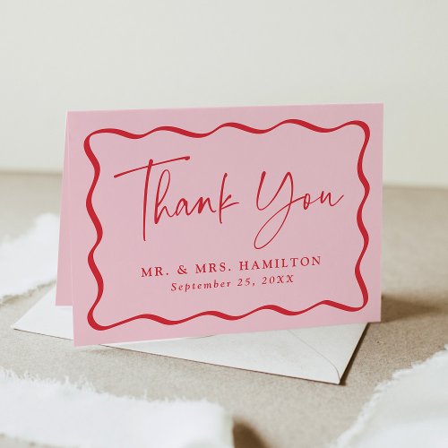 Modern Pink and Red Wavy Frame Photo Wedding Thank You Card