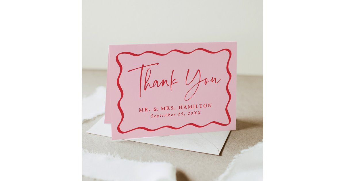 Modern Pink and Red Wavy Frame Photo Wedding Thank You Card | Zazzle