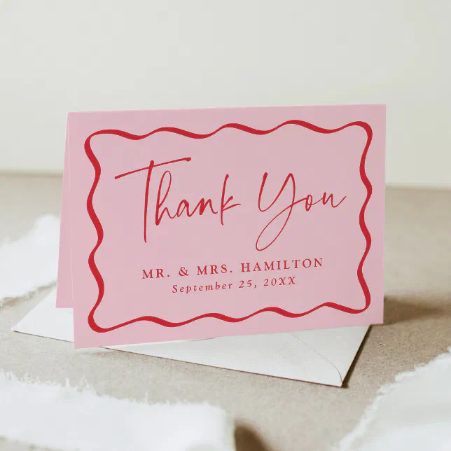 Modern Pink and Red Wavy Frame Photo Wedding Thank You Card | Zazzle