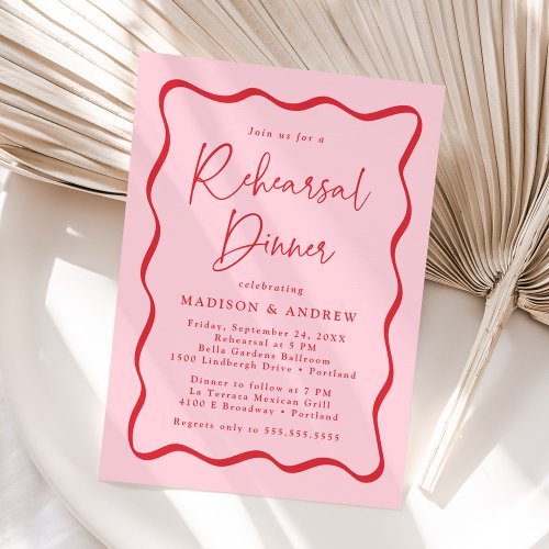 Modern Pink and Red Wavy Frame Rehearsal Dinner Invitation