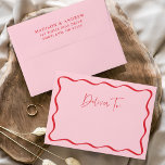 Modern Pink and Red Wavy Frame Wedding Envelope<br><div class="desc">Add a stylish touch to your wedding suite with these Modern Pink and Red Wavy Frame personalized wedding envelopes. The front of the pink envelope features a red wavy frame border with "Deliver To" displayed in a handwritten red script. The retro wedding envelope reverses to display your names and return...</div>